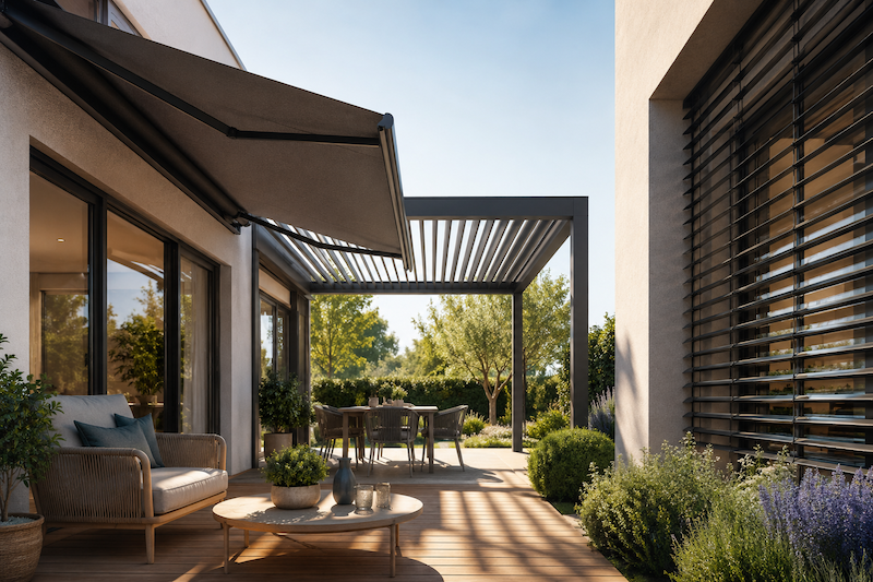 Terrasse avec pergola bioclimatique et store banne pour se proteger de la canicule a Rennes